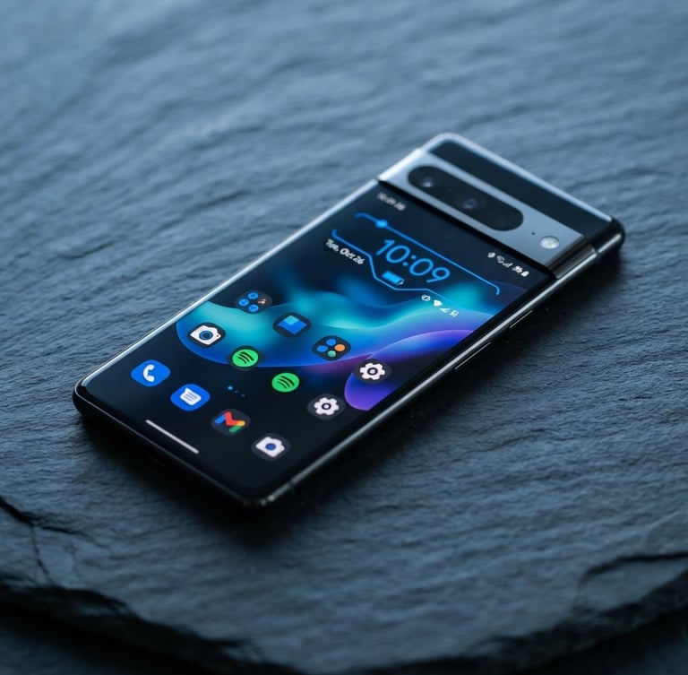 High-fidelity modern Android smartphone mockup on a clean dark slate surface, displaying a vibrant user interface with electric blue accents, crisp studio lighting, cool blue undertones, shallow depth of field