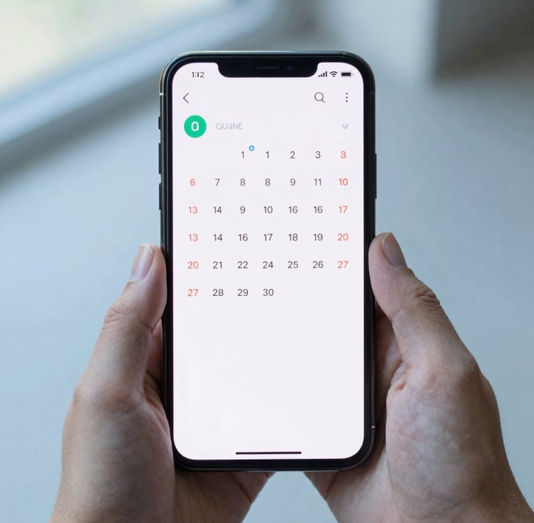Hands holding an Android device displaying a clean, high-contrast calendar interface, natural daylight with cool blue undertones, shallow depth of field