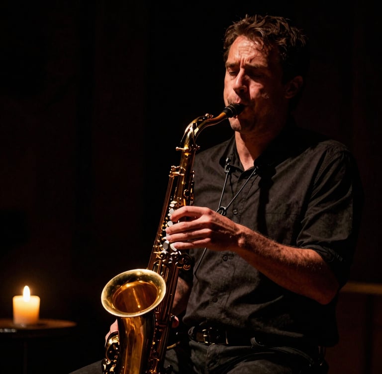 Cinematic portrait of a musician performing with a saxophone in a low-key, high-contrast chiaroscuro setting, warm amber light highlighting the instrument, deep obsidian background