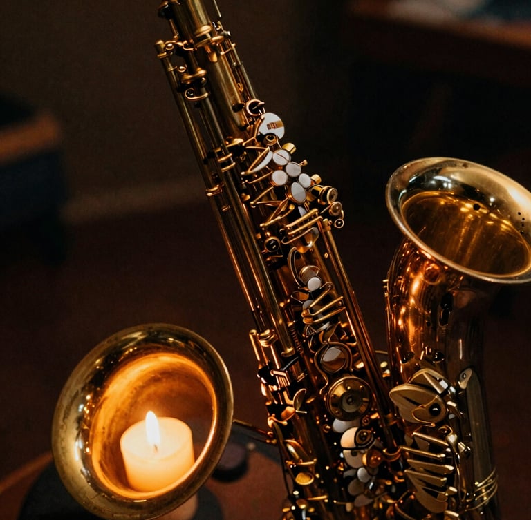 Tight macro shot of a vintage brass saxophone catching warm amber candlelight, deep shadows, rich metallic textures, 35mm film grain.