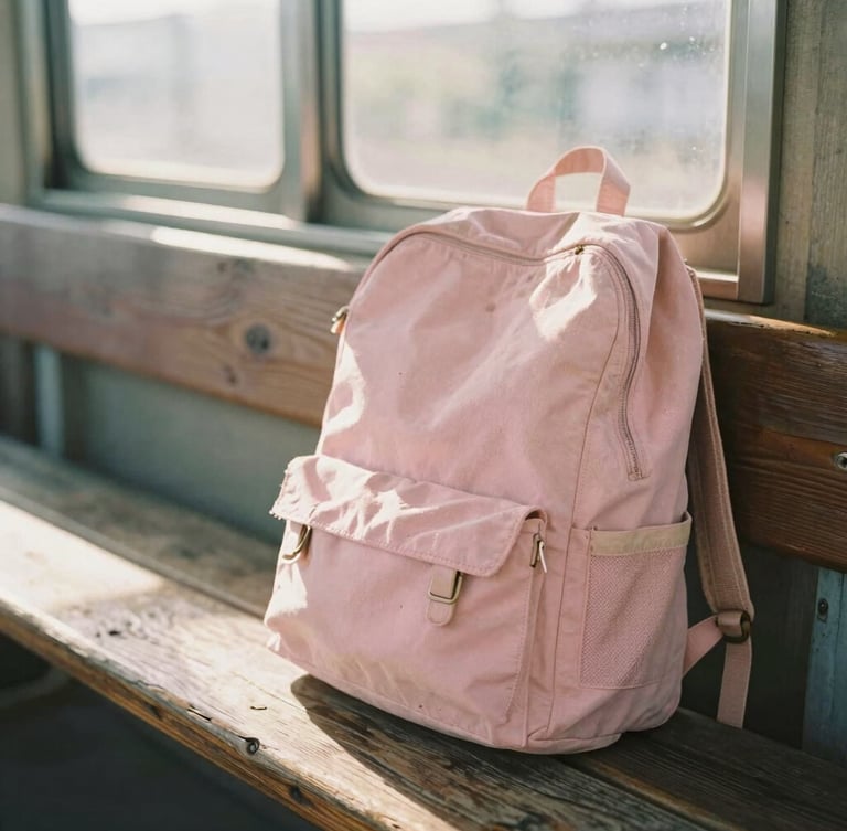 POV close-up of a well-worn canvas backpack resting on a rustic wooden bench inside a quiet traditional Japanese train station, soft pastel pink tones, warm afternoon sun, 35mm film aesthetic.