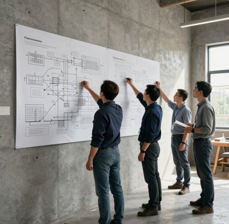 Wide environmental shot, high-contrast natural light. A professional team in a modern workspace analyzing physical workflow diagrams on a concrete wall, showing collective construction.