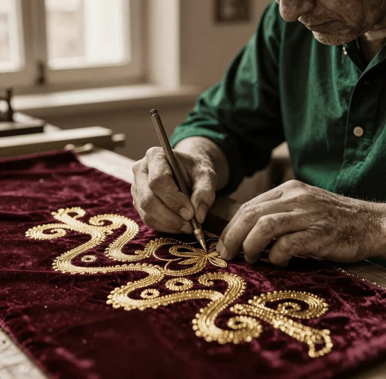 Sepia-toned close-up photography of master artisan hands embroidering intricate gold thread patterns onto deep velvet, soft window light, historic Constantine workshop atmosphere.
