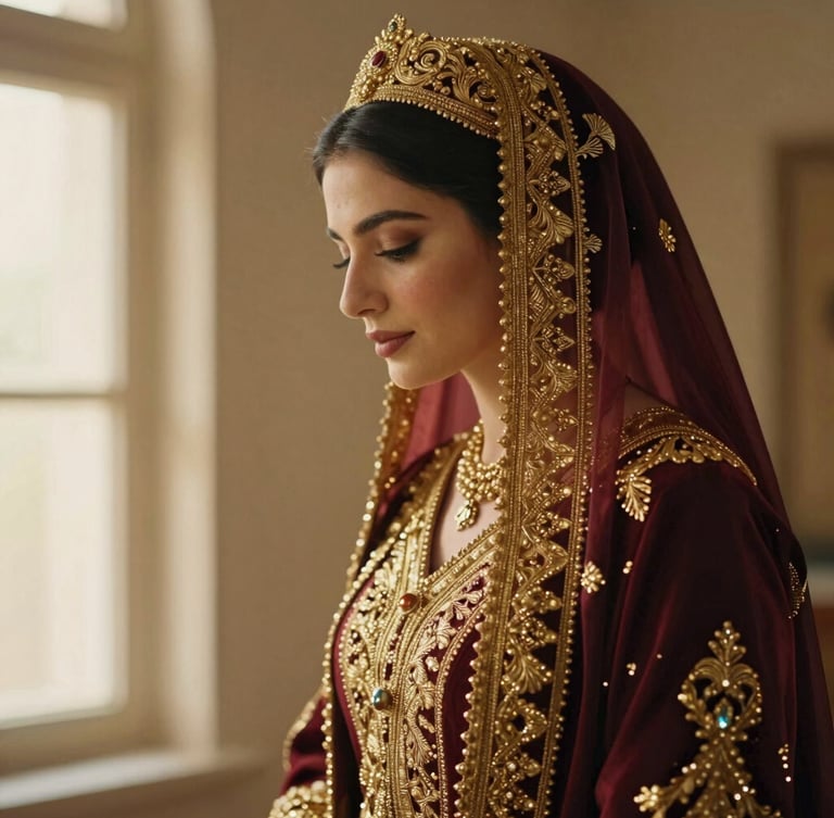 Side profile of an Algerian bride wearing a traditional gold-brocade Chedda Constantinoise, looking gracefully downwards, soft golden light, cinematic 35mm photography