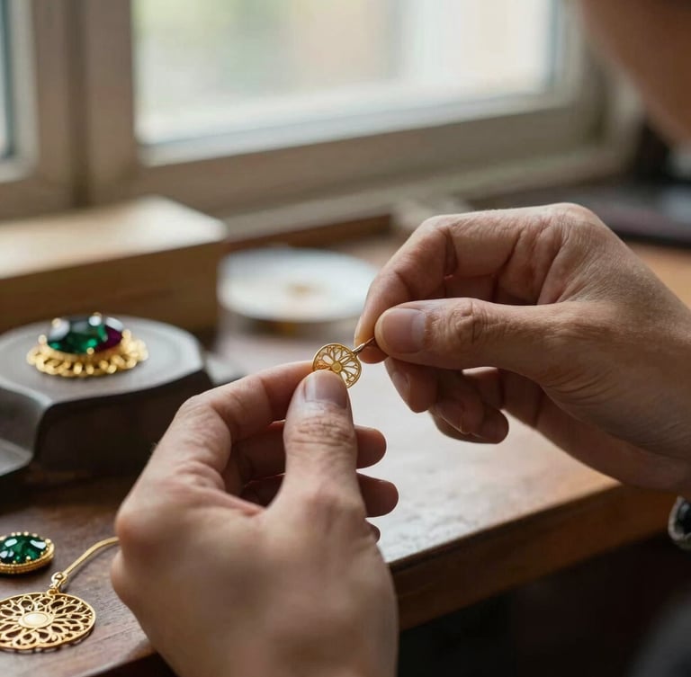 Hands of an artisan jeweler working on delicate gold filigree in a traditional workshop, soft window light, close-up, focused depth of field