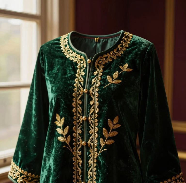 Detailed texture of gold embroidery on deep emerald green velvet, warm editorial fashion photography, golden-hour window light, rich burgundy tones in background, shallow depth of field, 35mm