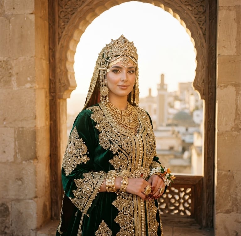A stunning portrait of an Algerian bride wearing a luxurious green velvet Chedda Constantinoise with gold embroidery, standing by a grand arched palace window during golden hour, detailed texture of gold threads.