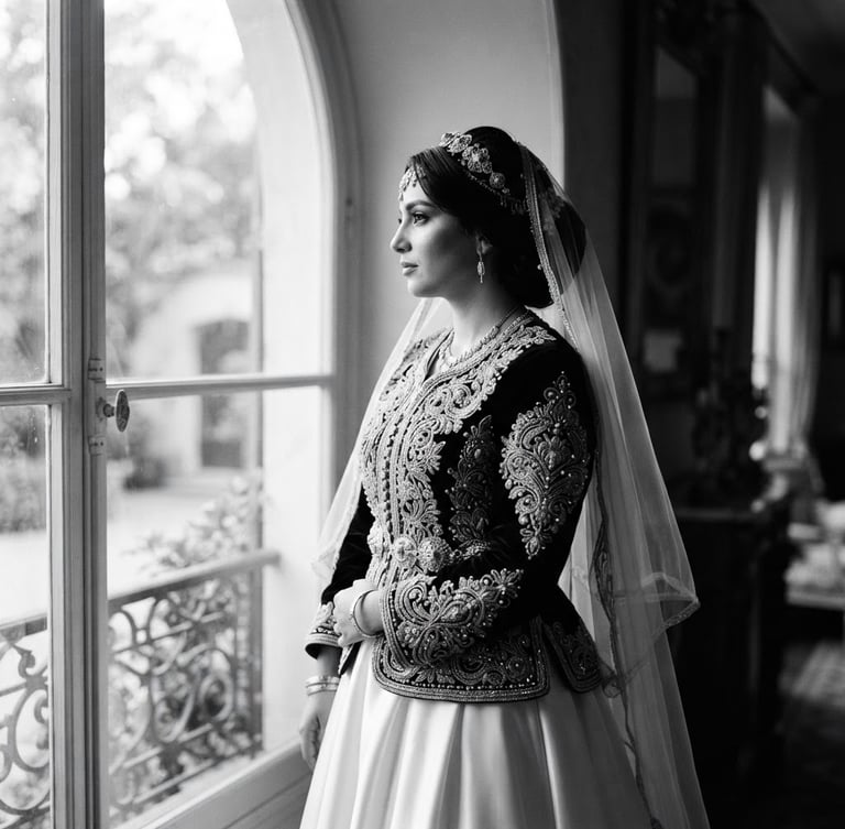 Black and white editorial portrait of an Algerian bride in a majestic embroidered Karakou, looking away, soft golden-hour window light, rich contrast, haute couture feel.