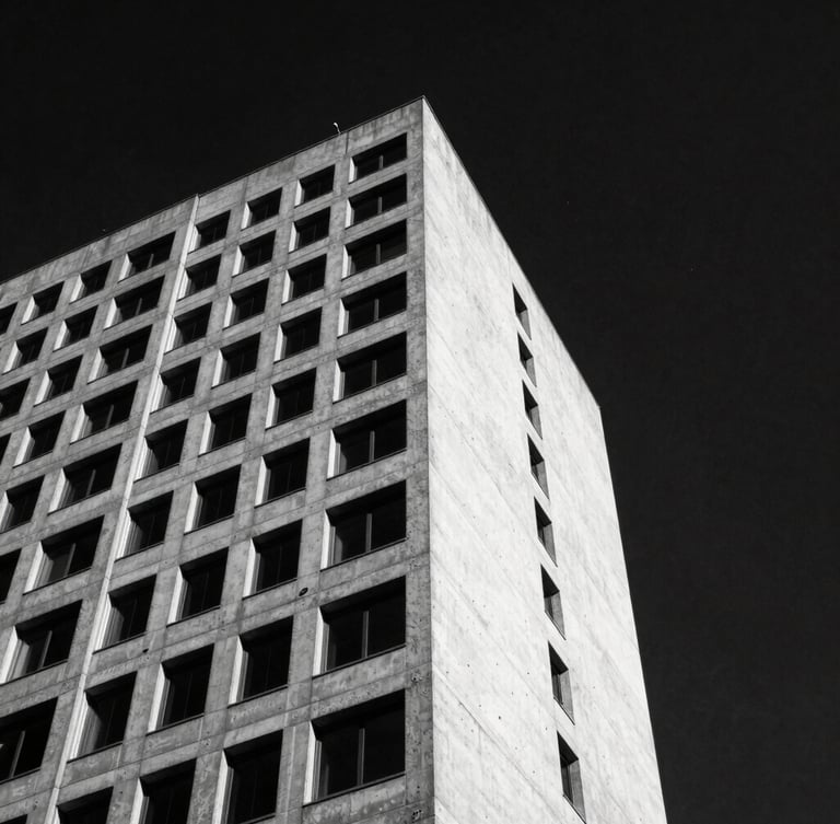 Low-angle stark monochrome shot of a brutalist concrete skyscraper corner cutting into a dark obsidian sky, sharp shadows, high contrast, 35mm film