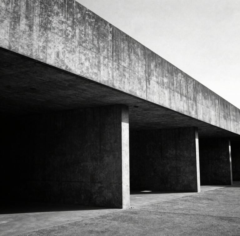 Stark monochrome photography, low-angle architectural perspective of a brutalist concrete pavilion, deep shadows, dramatic chiaroscuro lighting, 35mm film