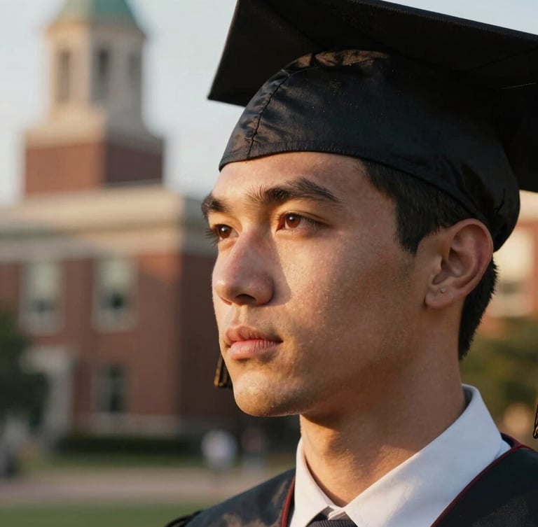 A close-up editorial portrait of a graduate looking thoughtfully away from the camera, warm golden hour light highlighting their profile, soft out-of-focus brick architecture of Columbus in the background