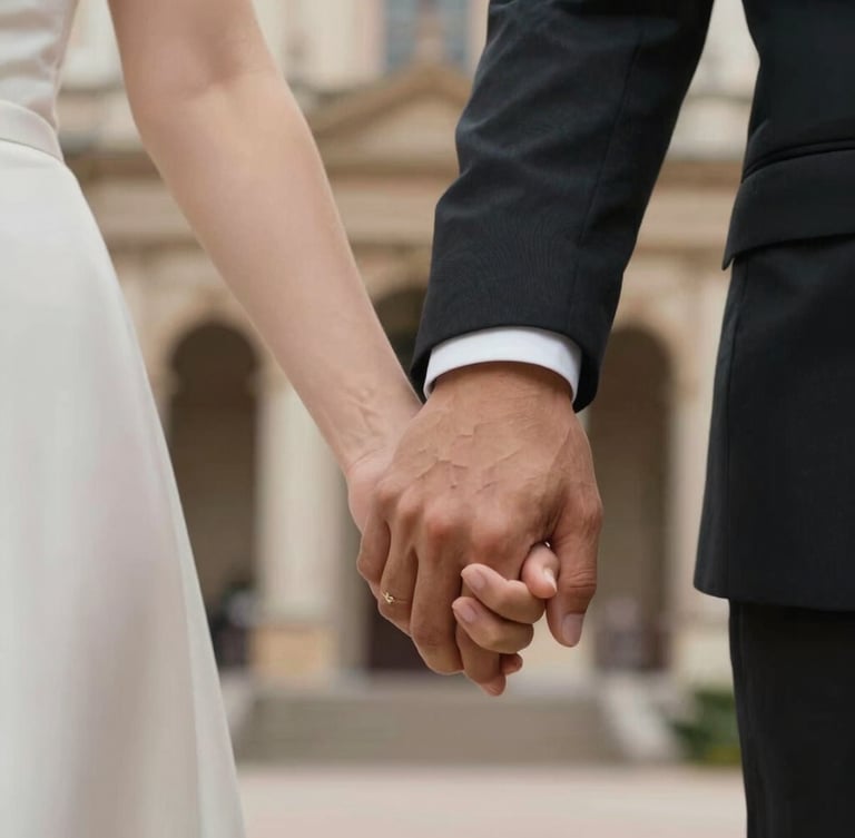 Close-up of a wedding couple's hands gently clasped against a soft-focus background of historic architecture, natural warm lighting