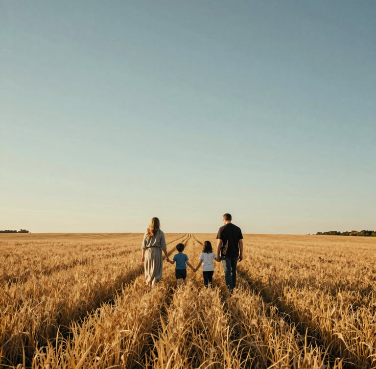 A cinematic wide landscape portrait of a family walking through a golden field in Ohio, low horizon, expansive sky, warm light.
