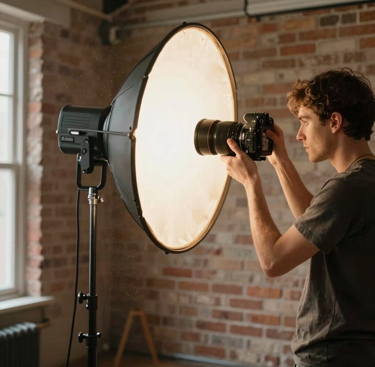 Cinematic medium shot of a photographer adjusting a vintage reflector lamp in a warm, sunlit brick studio, soft dust motes in the air, editorial framing.