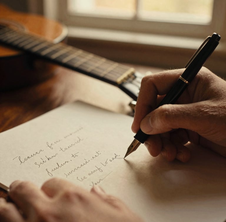 Close-up of hands writing lyrics with a fountain pen on textured paper, acoustic guitar neck resting in the background, warm golden-hour window light, shallow depth of field, rich sepia and cream tones, 35mm film