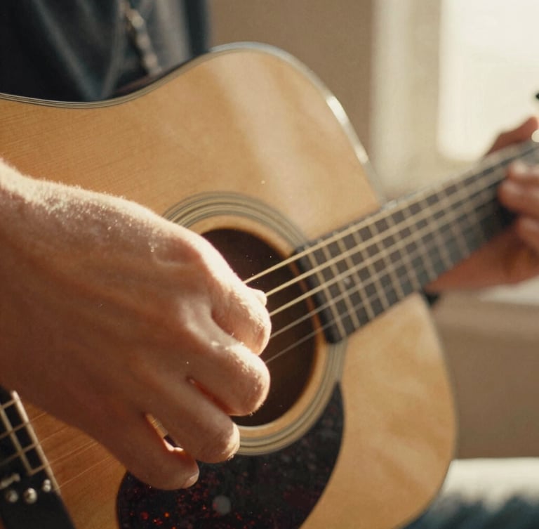 Tight macro shot of fingers pressing acoustic guitar strings, warm golden-hour side lighting, dust motes visible in the light beam, rich sepia tones, 35mm film