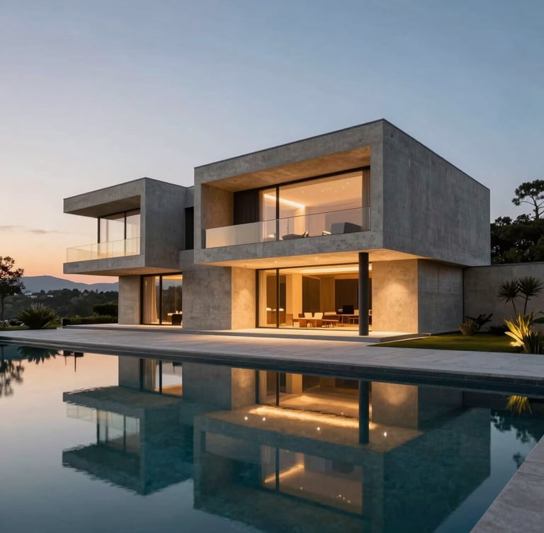 Dusk shot of a modern luxury villa in Van with architectural concrete and warm lighting, reflecting on a calm pool, minimalist landscape design.