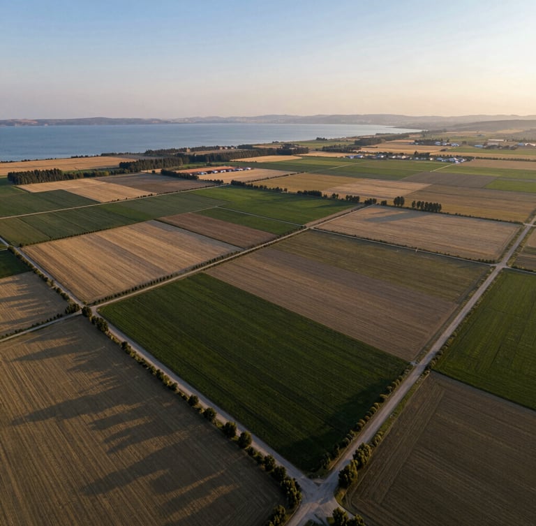 Sweeping drone photograph of premium zoned land plots in Van, clear golden hour lighting, clean boundaries outlined naturally by the landscape, overlooking Lake Van in the distance.