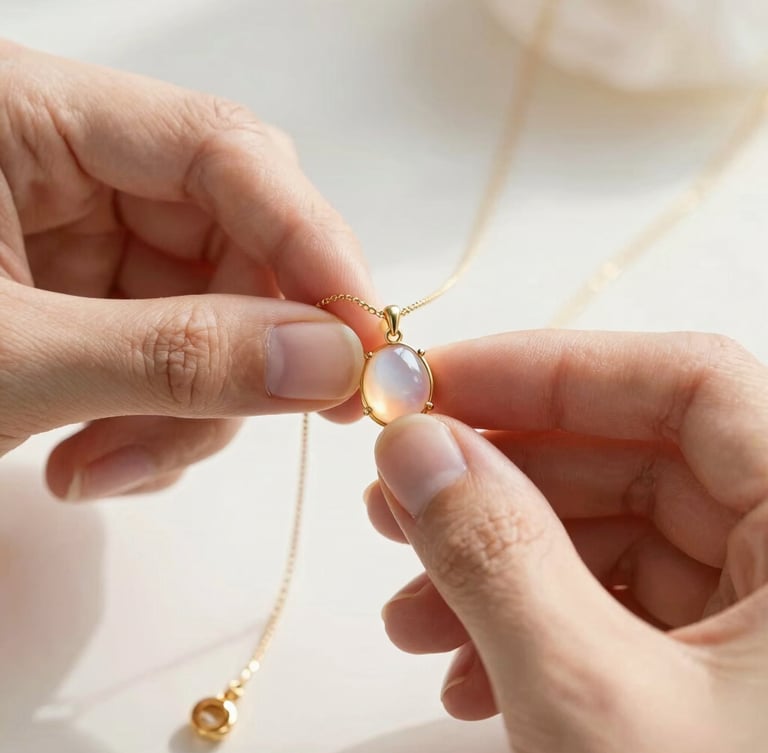 Macro shot of a jeweler's hands carefully assembling a gold necklace with a tiny, luminous peach moonstone pendant, soft natural morning daylight, shallow depth of field.