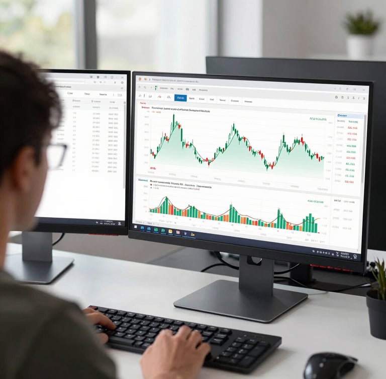 Over-the-shoulder perspective of a modern dual-monitor financial dashboard displaying clean cash-flow timelines, crisp natural daylight, high contrast, minimalist workspace.