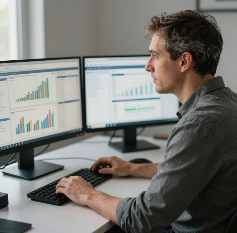 Candid, daylight-lit portrait of the founder working at a clean desk with dual monitors showing financial dashboards, high contrast, unposed perspective.