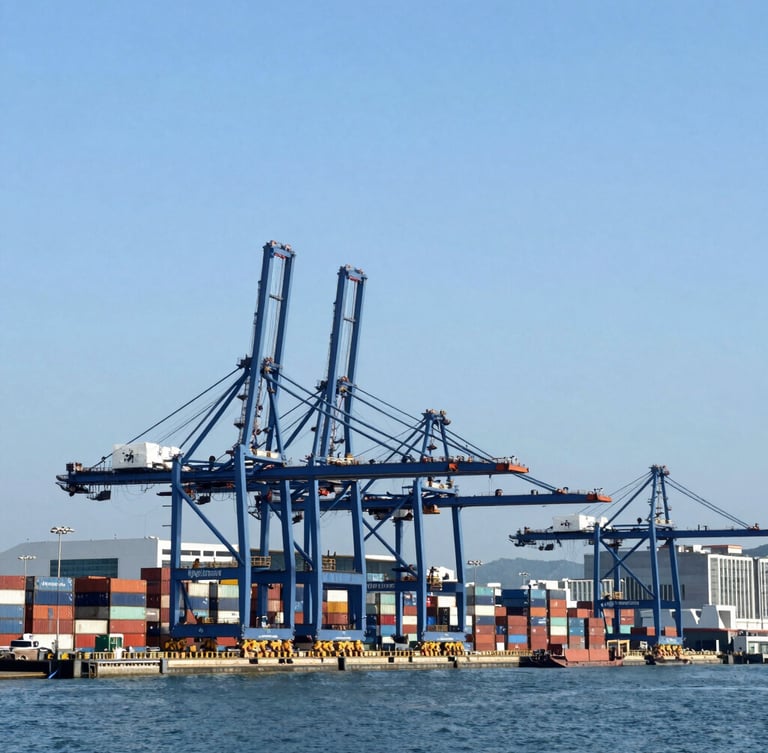 Wide-angle architectural view of a massive modern container terminal in Hong Kong, towering blue gantry cranes, crisp daylight, cool slate-blue tone.