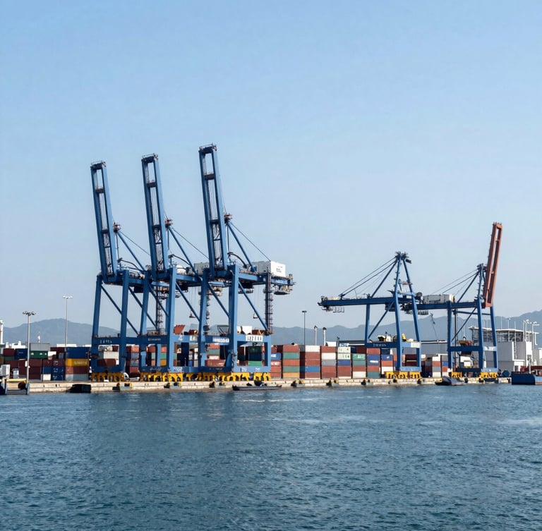 Wide-angle architectural perspective of a modern deep-water port terminal in Hong Kong, towering blue container cranes, crisp daylight, cool industrial slate tones.