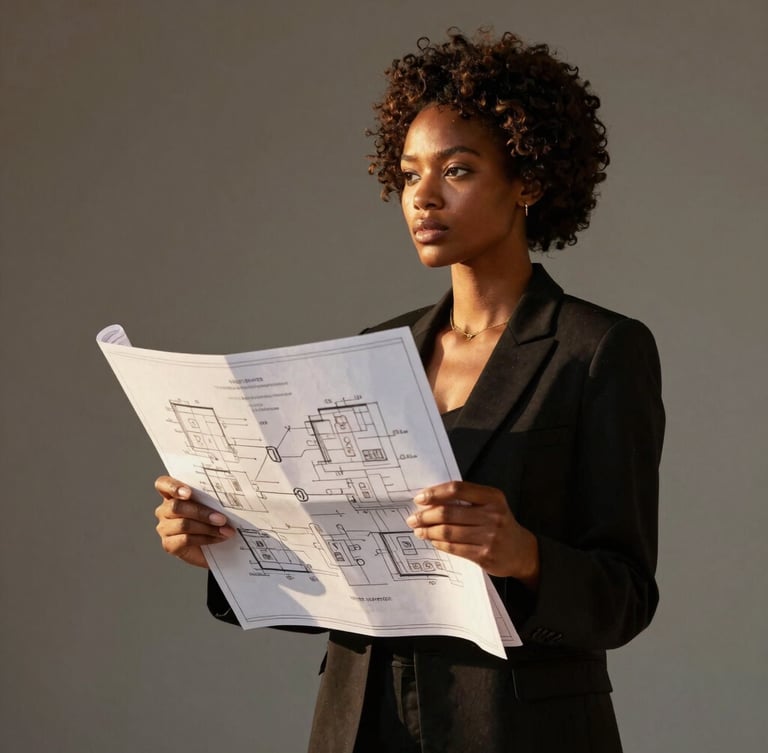 Wide editorial shot of Esther Losoha Bosochi holding technical electrical blueprints, looking confidently towards the horizon, golden hour lighting, clean minimalist background