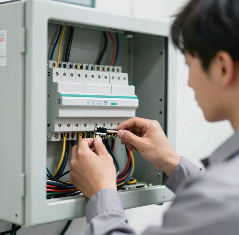 Close-up of a professional technician in a clean uniform wiring an electrical panel, crisp focus, bright daylight, industrial safety tones