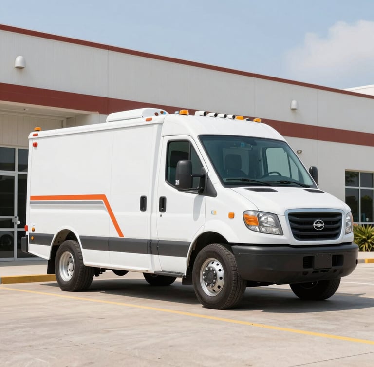 Crisp commercial photography of a clean Caprock service vehicle parked outside a modern Houston commercial facility, bright natural daylight