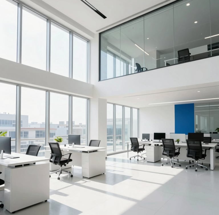 Wide shot of a high-exposure corporate office, clean glass walls, bright natural daylight streaming through large windows, modern minimalist furniture, 35mm lens