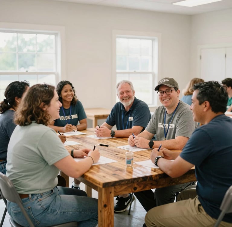 Warm editorial photo of a diverse group of community volunteers and leaders sitting together around a rustic wooden table in a bright, naturally lit Indiana community center, smiling and planning an outreach event, 35mm.