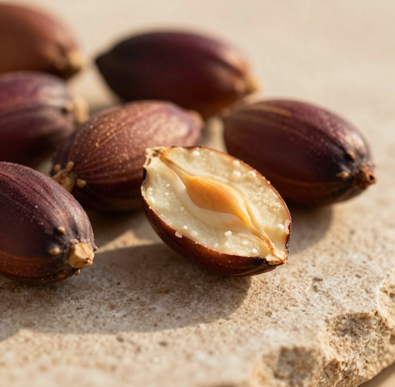 Macro close-up of raw argan nuts and prickly pear seeds resting on textured beige stone, warm low-angle golden hour light, shallow depth of field, 35mm