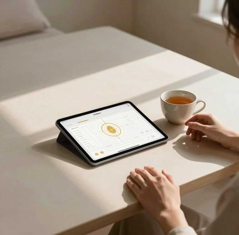 Wide panoramic view of a minimalist, sunlit wellness studio workspace. Hands gently rest next to a tablet displaying clean, elegant golden UI wireframes and a ceramic cup of tea. Soft morning light casts long, delicate shadows.