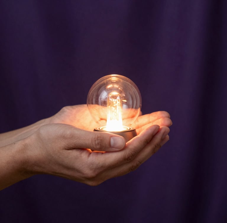 Vertical portrait frame. Close-up of hands gently holding a small, glowing warm light source against a soft dark violet fabric background, representing technology holding sacred energy.