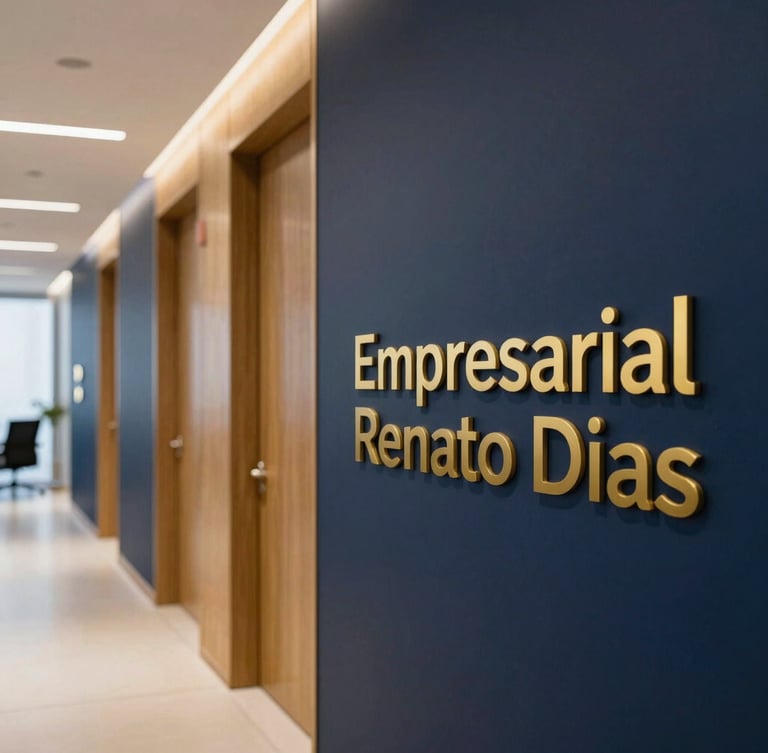Interior shot of a modern, secure office corridor in Empresarial Renato Dias, with clean lines, deep navy and warm gold accents, professional office lighting, sharp focus, 50mm lens.