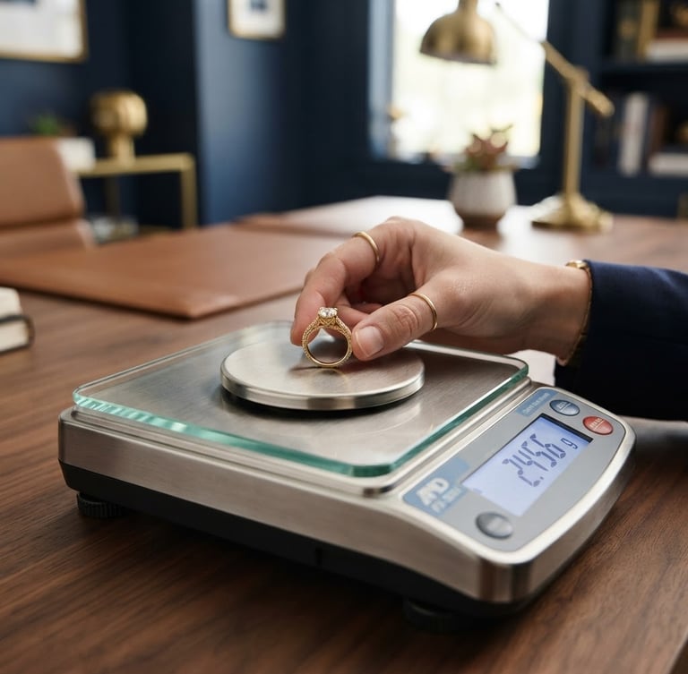 Close-up of a precision scale weighing a gold ring, with a hand gently adjusting it, in a bright, clean office with deep navy and warm gold tones. Professional macro photography, sharp focus, 50mm lens.