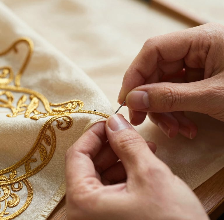 Macro close-up of a tailor's hands guiding a needle through heavy gold-embroidered silk, high-contrast, warm workshop light, 35mm