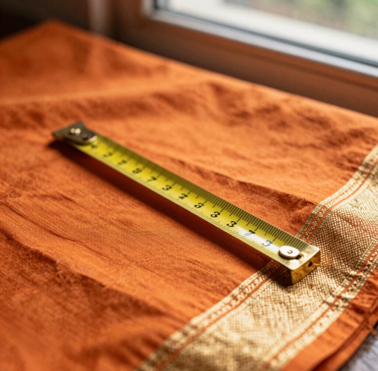 Macro close-up of a brass measuring tape resting over rich, vibrant orange Paithani silk fabric with gold zari border, warm natural window light, shallow depth of field