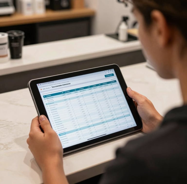 Over-the-shoulder shot of a local business owner in São Paulo looking at a clean financial spreadsheet on a tablet, natural indoor store lighting, soft background of a retail counter, highly realistic.