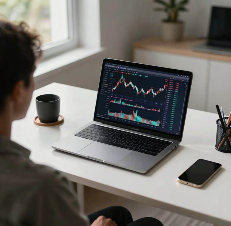 Over-the-shoulder view of a clean modern desk with a laptop displaying a colorful financial dashboard, bright natural daylight from a side window, organized workspace