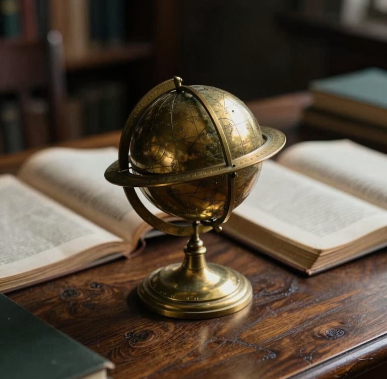 A close-up of a vintage brass armillary sphere on a dark wooden desk, soft dramatic library light casting long shadows across open ancient manuscripts, 35mm film texture.
