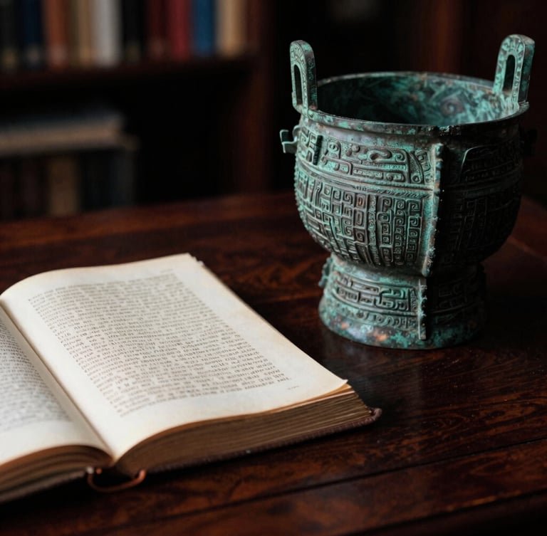 A close-up of an ancient Chinese bronze vessel next to a classical Western leather-bound manuscript on a dark mahogany table, dramatic side library lighting, 35mm film texture