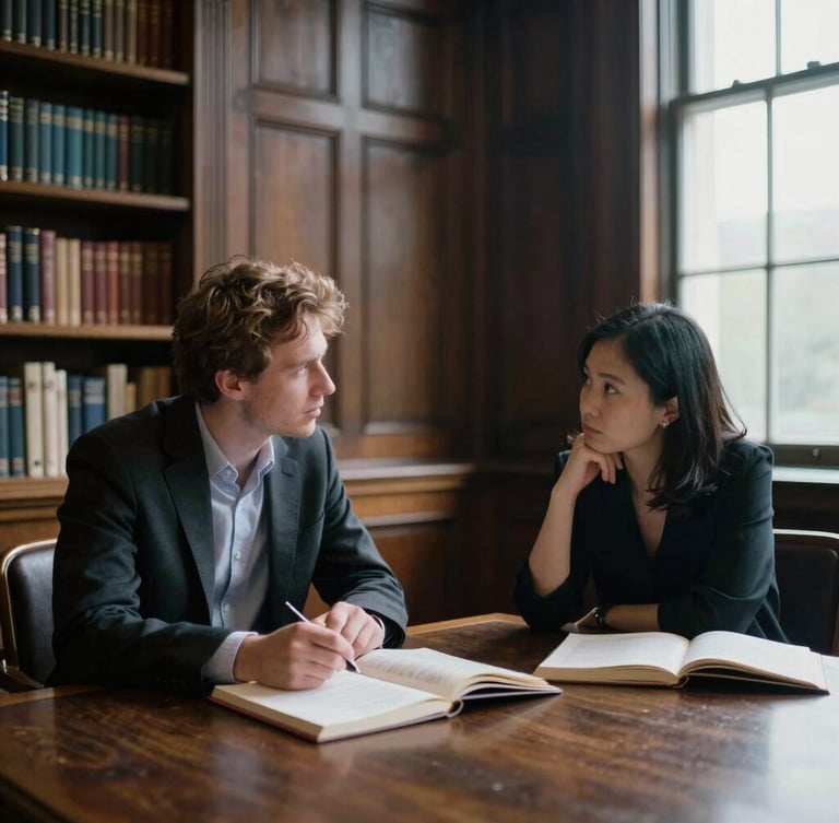 Two scholars, one of Western descent and one of East Asian descent, engaged in earnest discussion in a grand wood-paneled university library, soft window light, thoughtful editorial photography