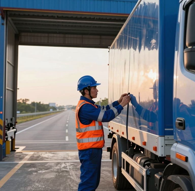 Professional driver in safety gear checking strapped freight on a secure loading dock at golden hour, low horizon, sharp commercial photography