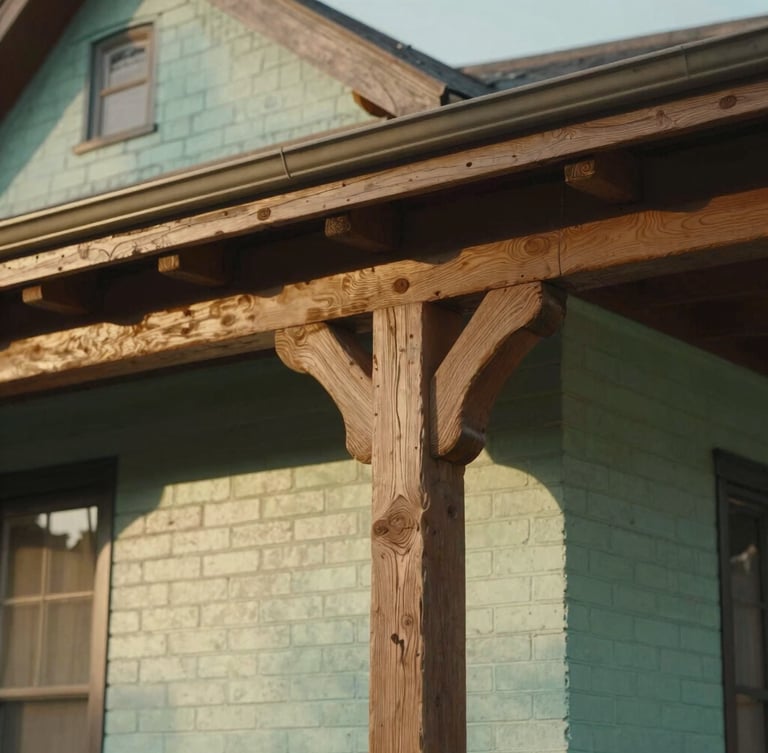 Close-up architectural detail of a restored historic craftsman home, showcasing detailed wood joinery and classic brickwork, soft natural side lighting, warm tones