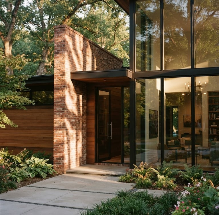 Wide-angle architectural detail of a modern home facade in Myers Park, soft golden-hour light casting long shadows across clean brick and glass, 35mm photography.
