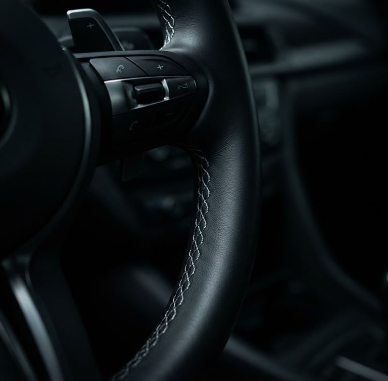 Macro close-up of a pristine leather steering wheel with precise silver stitching, low-key dramatic studio lighting casting deep shadows on the dashboard, 50mm lens.