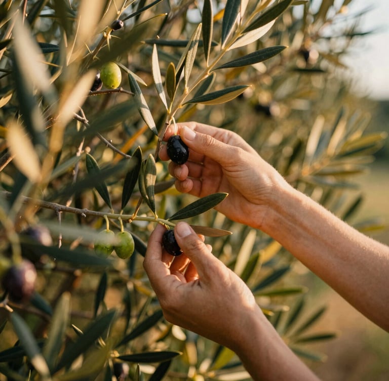 Portrait shot of hands gently picking ripe olives from a tree branch in a Tuscan grove, warm golden-hour sunlight filtering through the leaves, shallow depth of field, rustic texture.