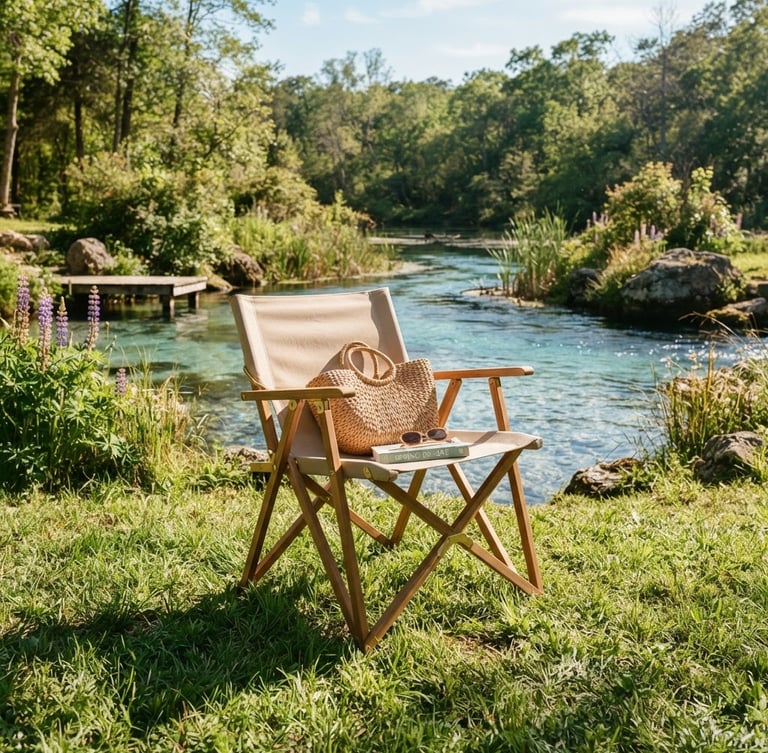 Bright outdoor lifestyle photography of a sleek, modern folding chair set up on a sunlit lawn near a freshwater spring, warm natural sunlight, sharp focus.